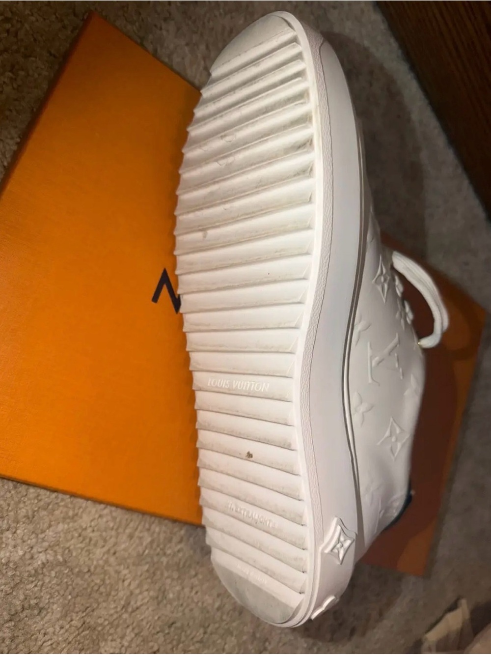 Louis Vuitton White Embossed Monogram platform Sneaker with Brown Heel Tab - Picture 4 of 4
